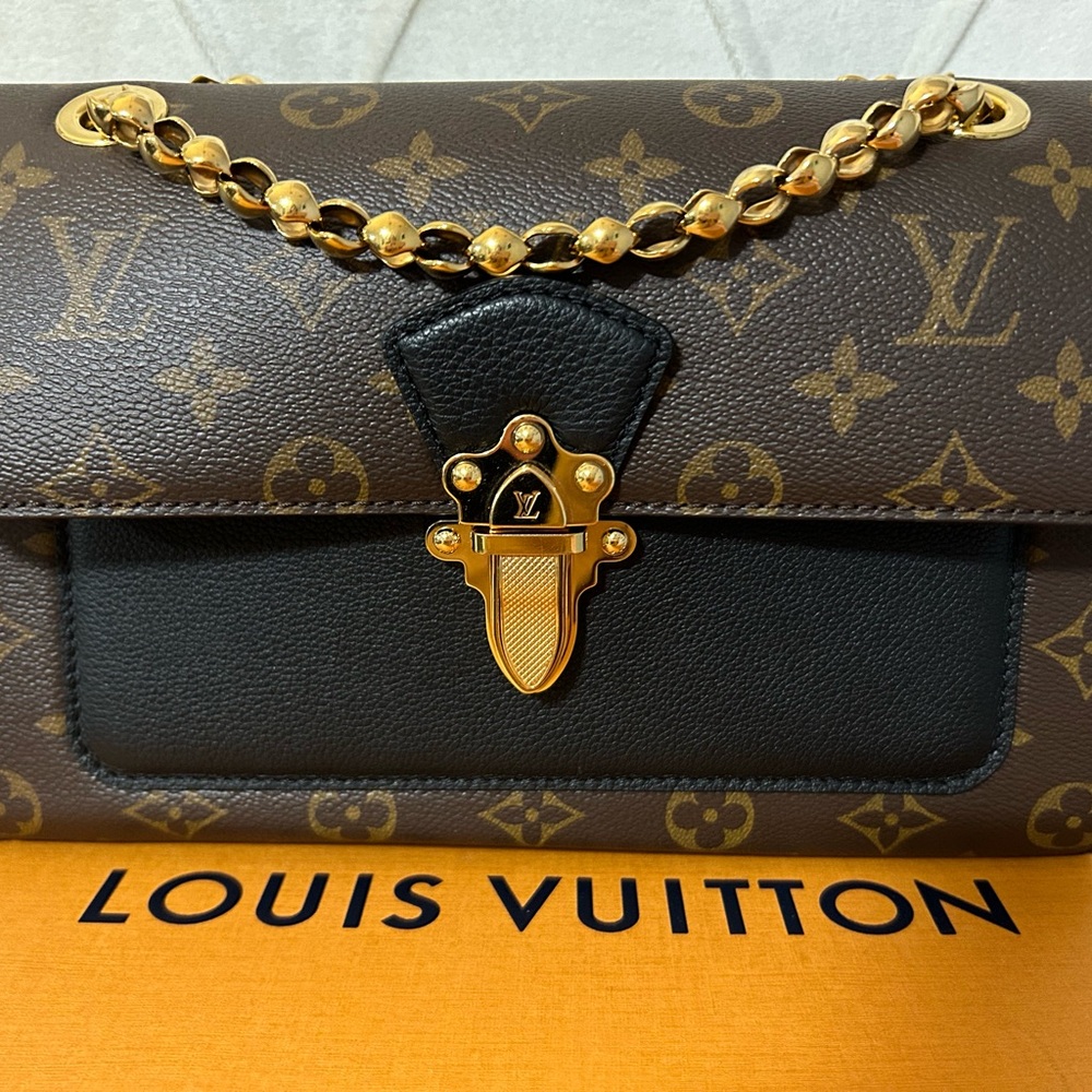Louis Vuitton Brown and Black Shoulder Bag with Monogram and Gold Chain